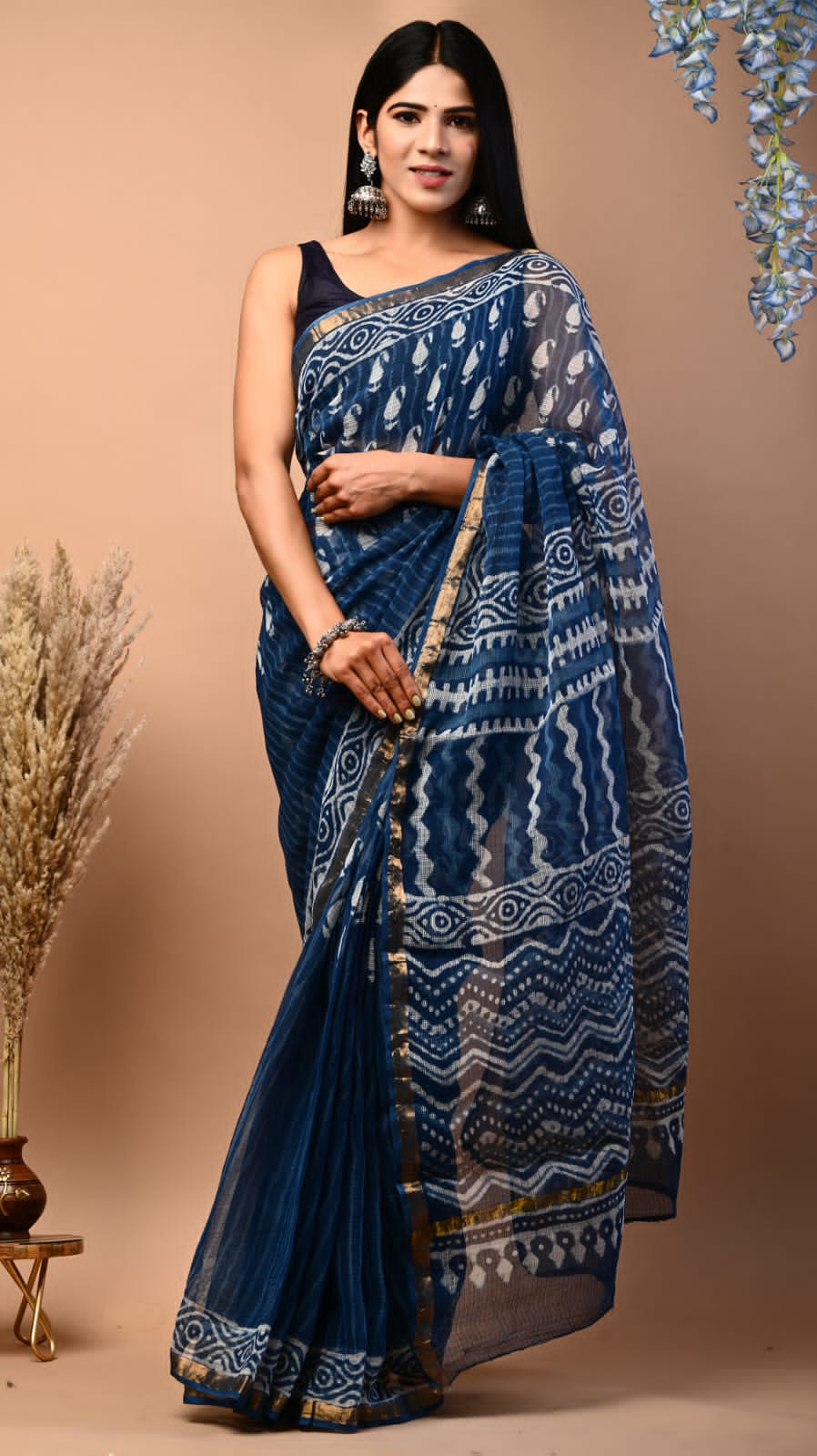 Buy MySilkLove Blue Zodiac Handblock Kota Doriya Saree Online