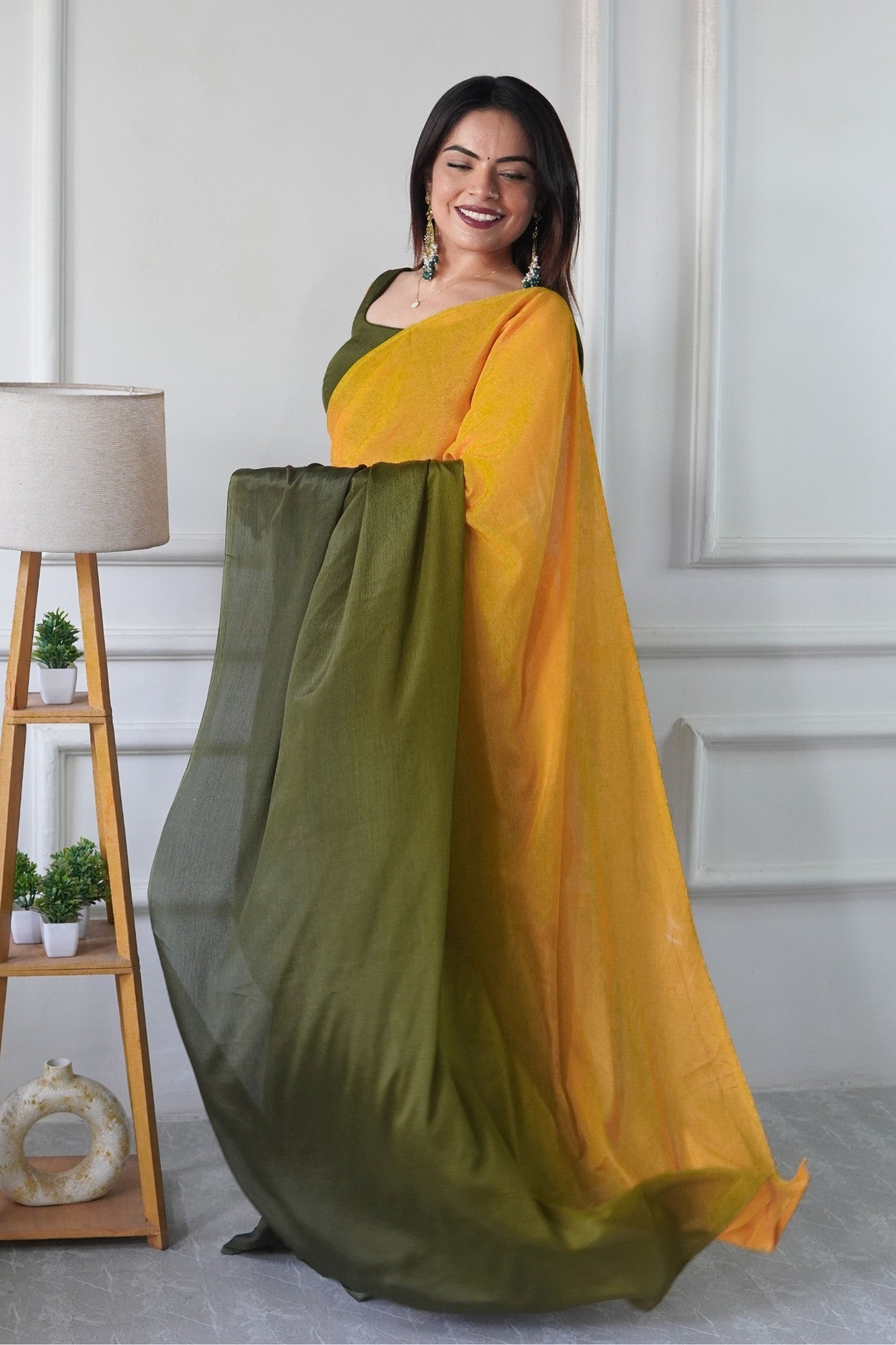 Buy MySilkLove Minion Yellow and Green Chinon Ready To Wear Saree Online