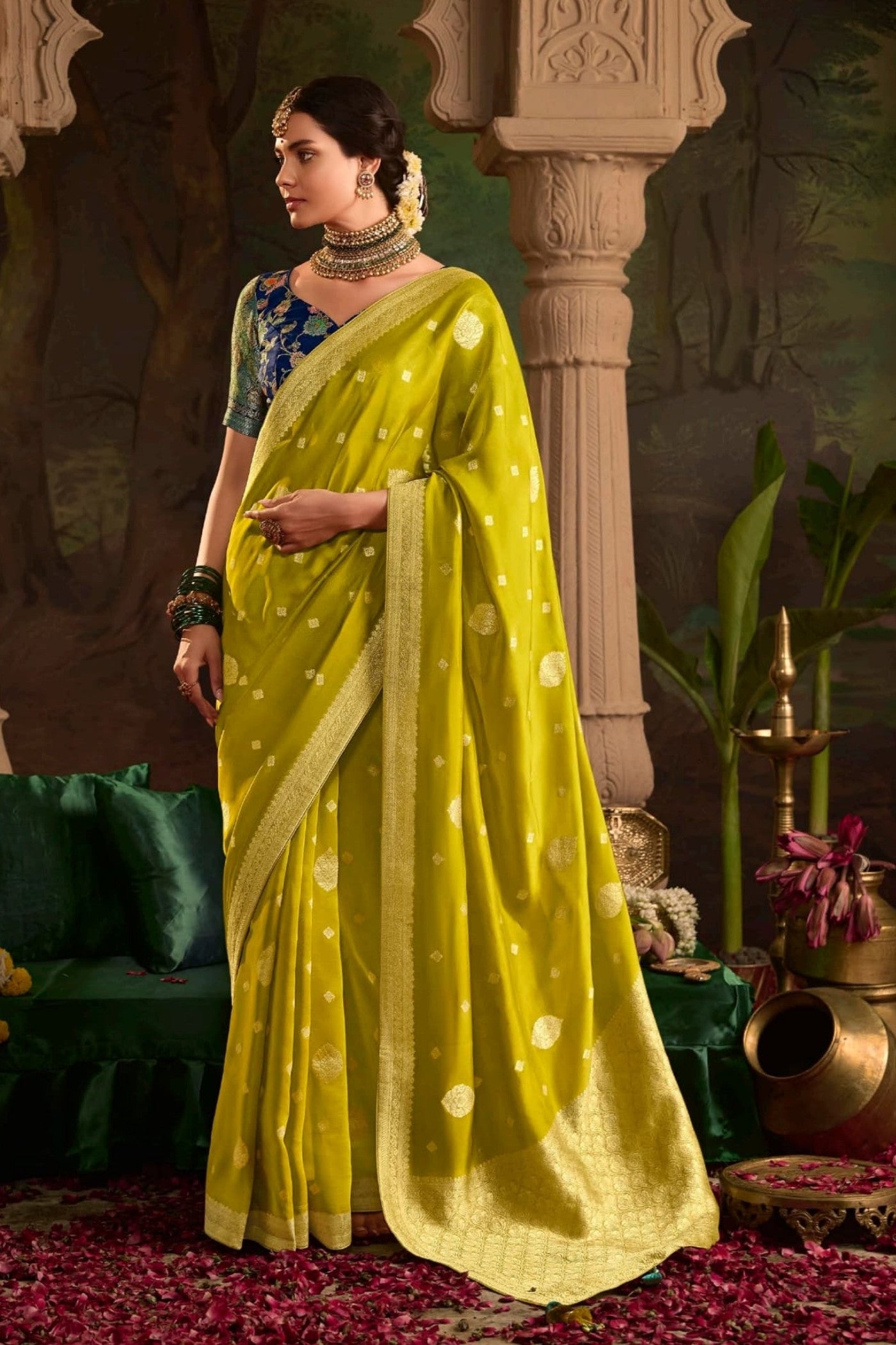 Buy MySilkLove Alpine Yellow Designer Banarasi Dola Silk Saree Online