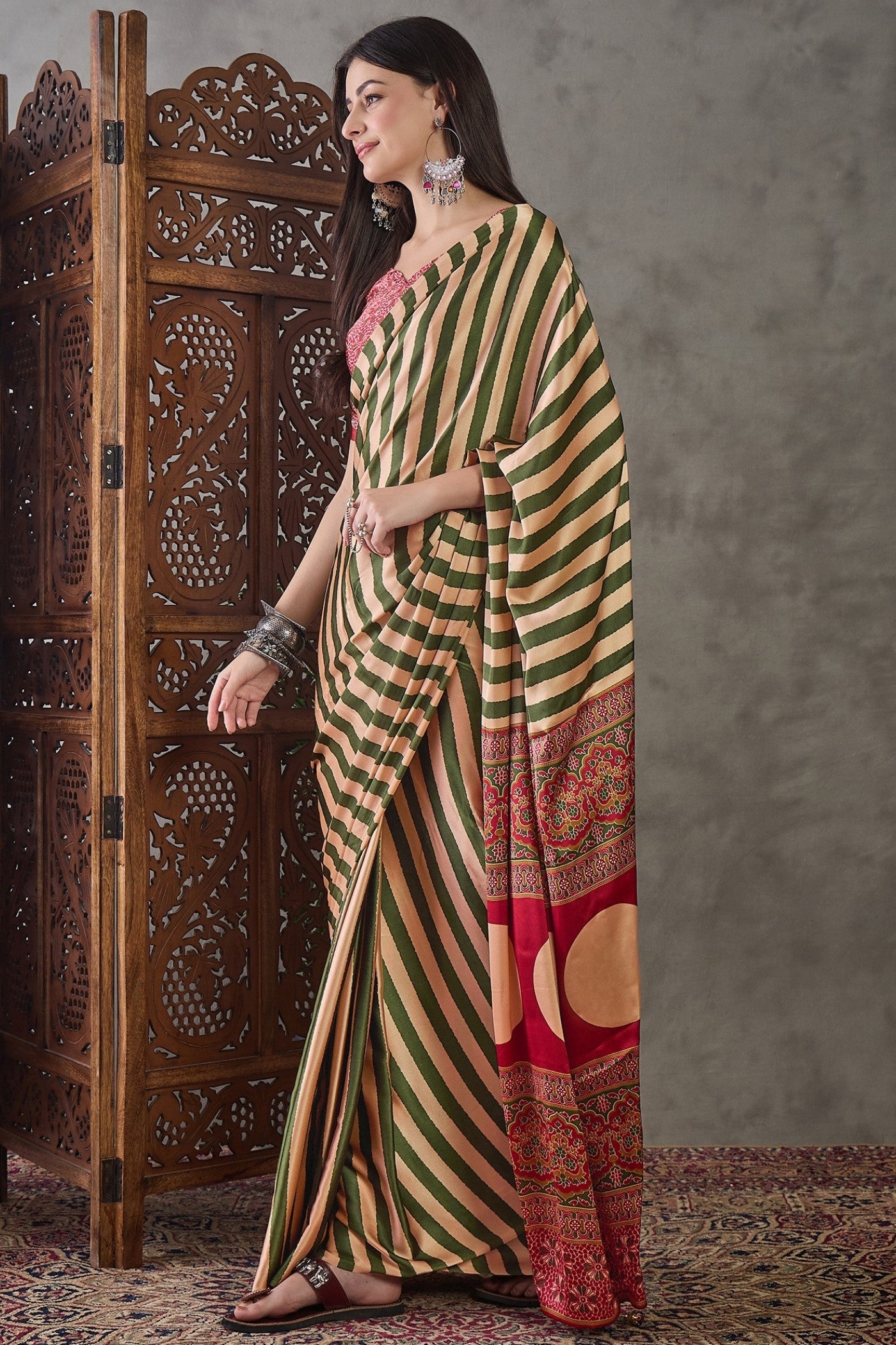 Buy MySilkLove Avocado Green Stripe Ajrakh Printed Satin Gaji Silk Saree Online