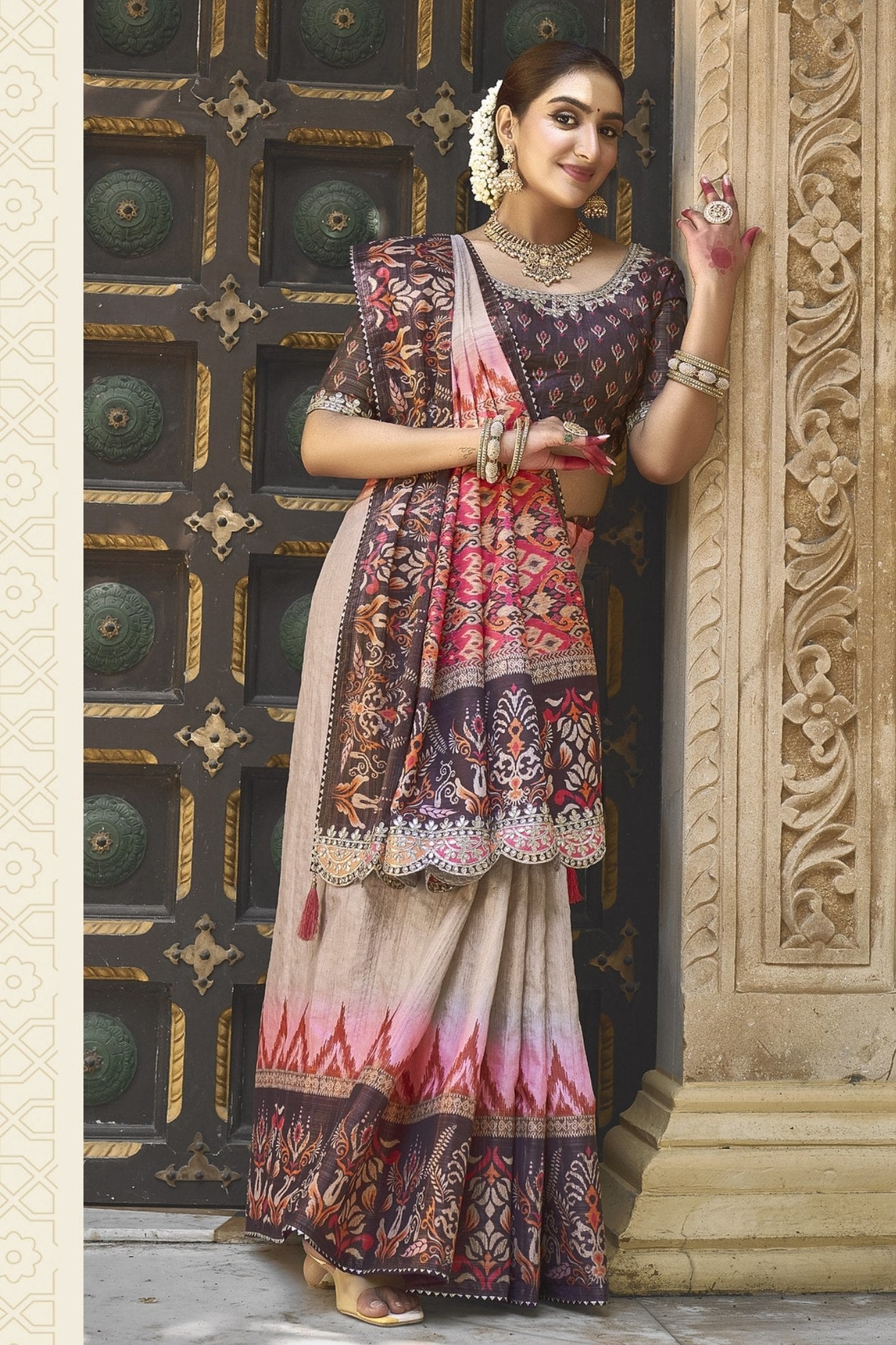 Buy MySilkLove Bone Cream And Pink Banarasi Designer Saree Online