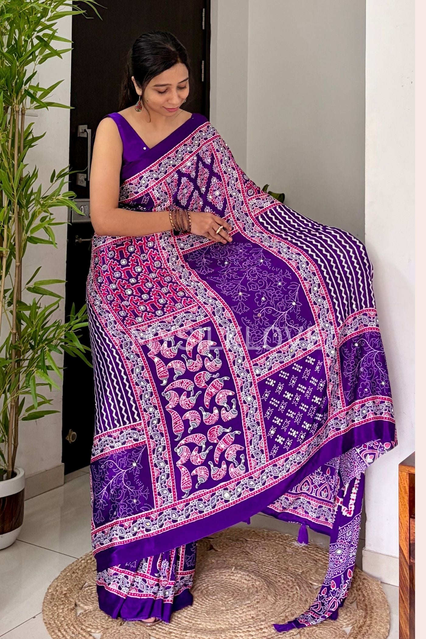 Buy MySilkLove Insolent Purple Ajrakh Satin Printed Mirror Work Saree Online