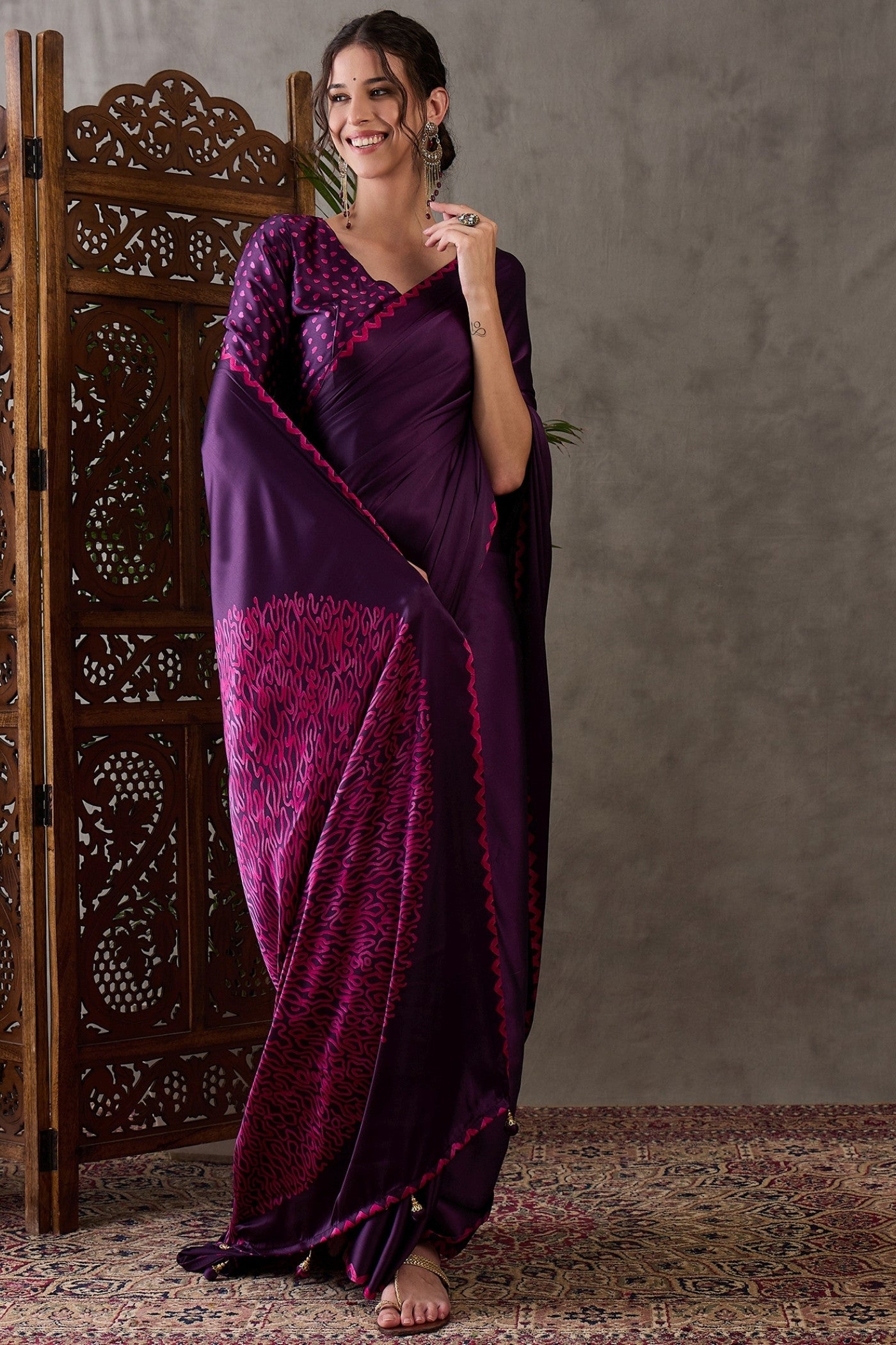 Buy MySilkLove Rebecca Purple Printed Satin Gaji Silk Saree Online