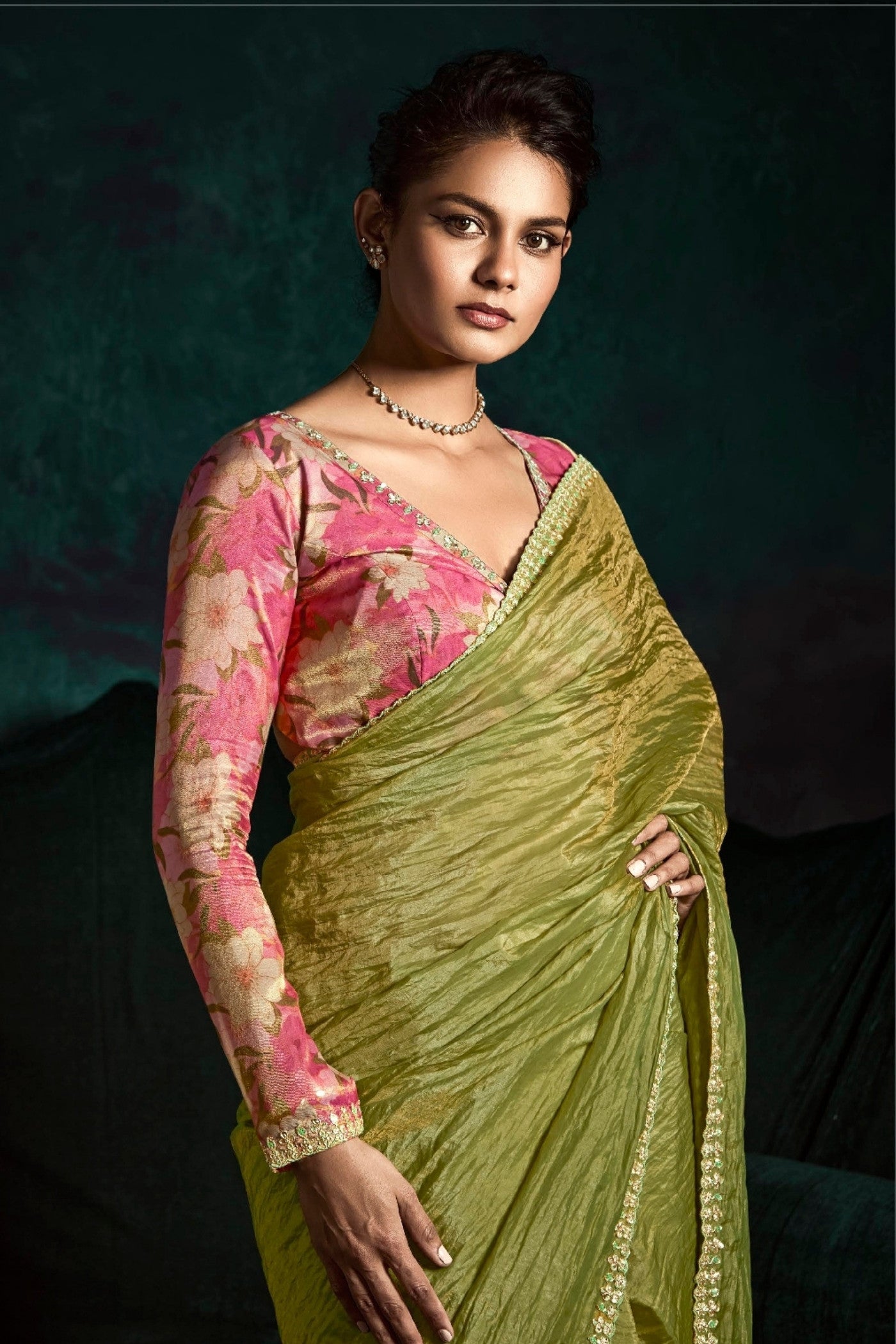 Buy MySilkLove Olivetone Green Embroidered Tissue Designer Saree Online