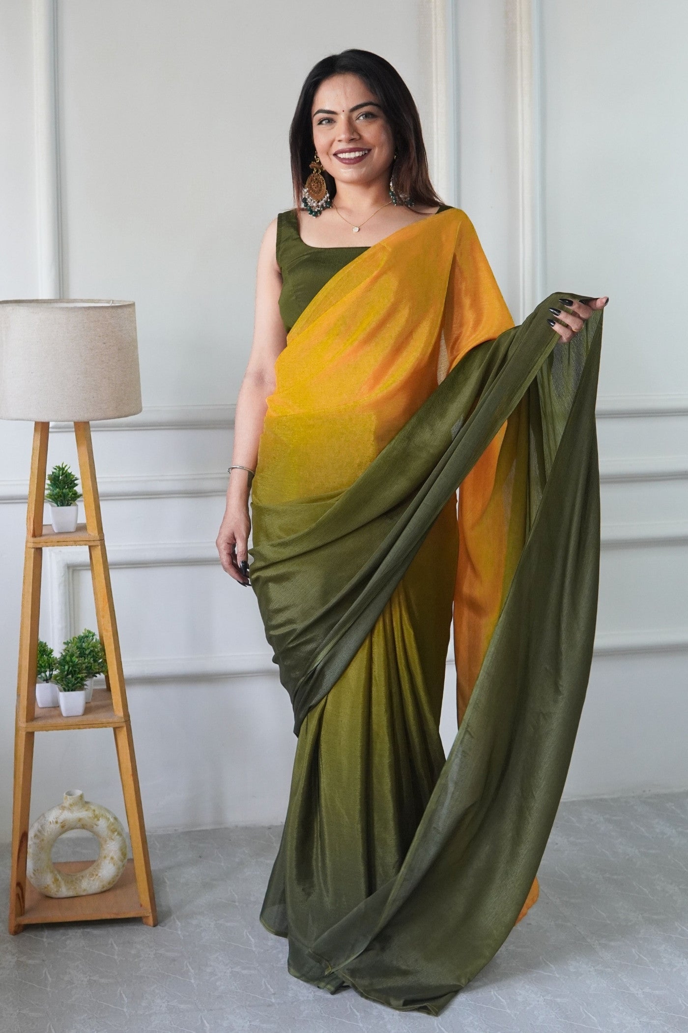 Buy MySilkLove Minion Yellow and Green Chinon Ready To Wear Saree Online