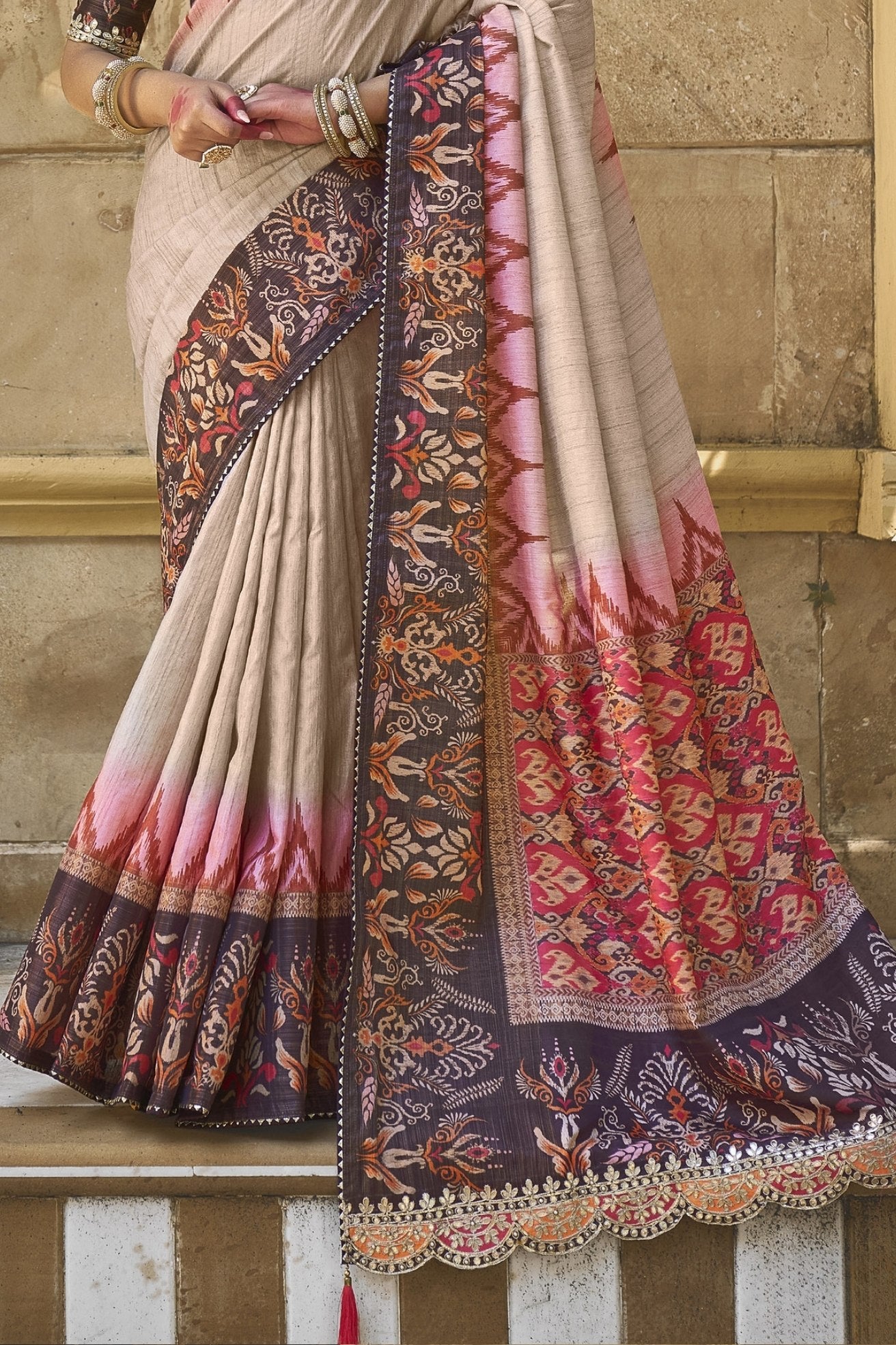 Buy MySilkLove Bone Cream And Pink Banarasi Designer Saree Online