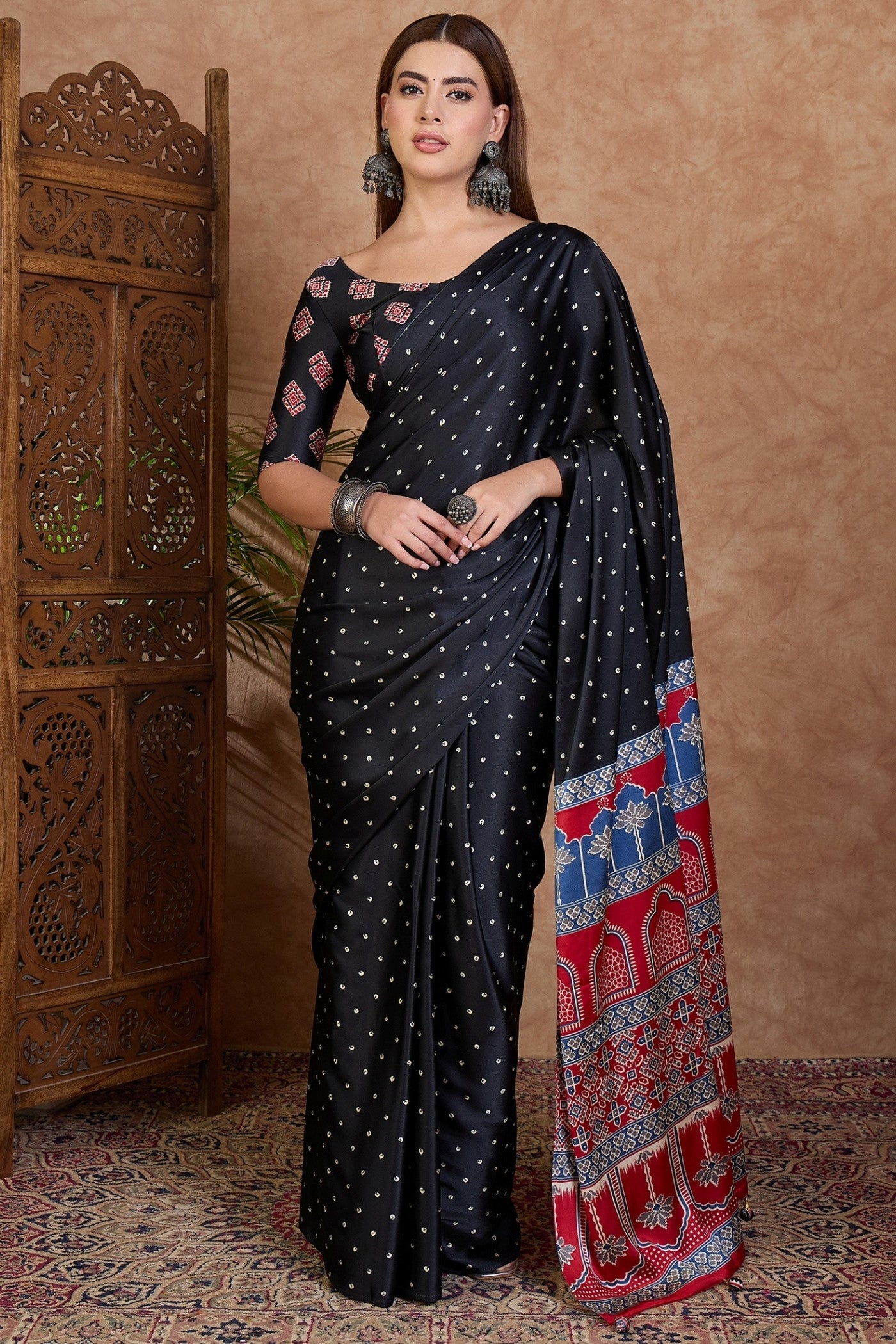 Buy MySilkLove Obsidian Black Ajrakh Printed Satin Crepe Silk Saree Online