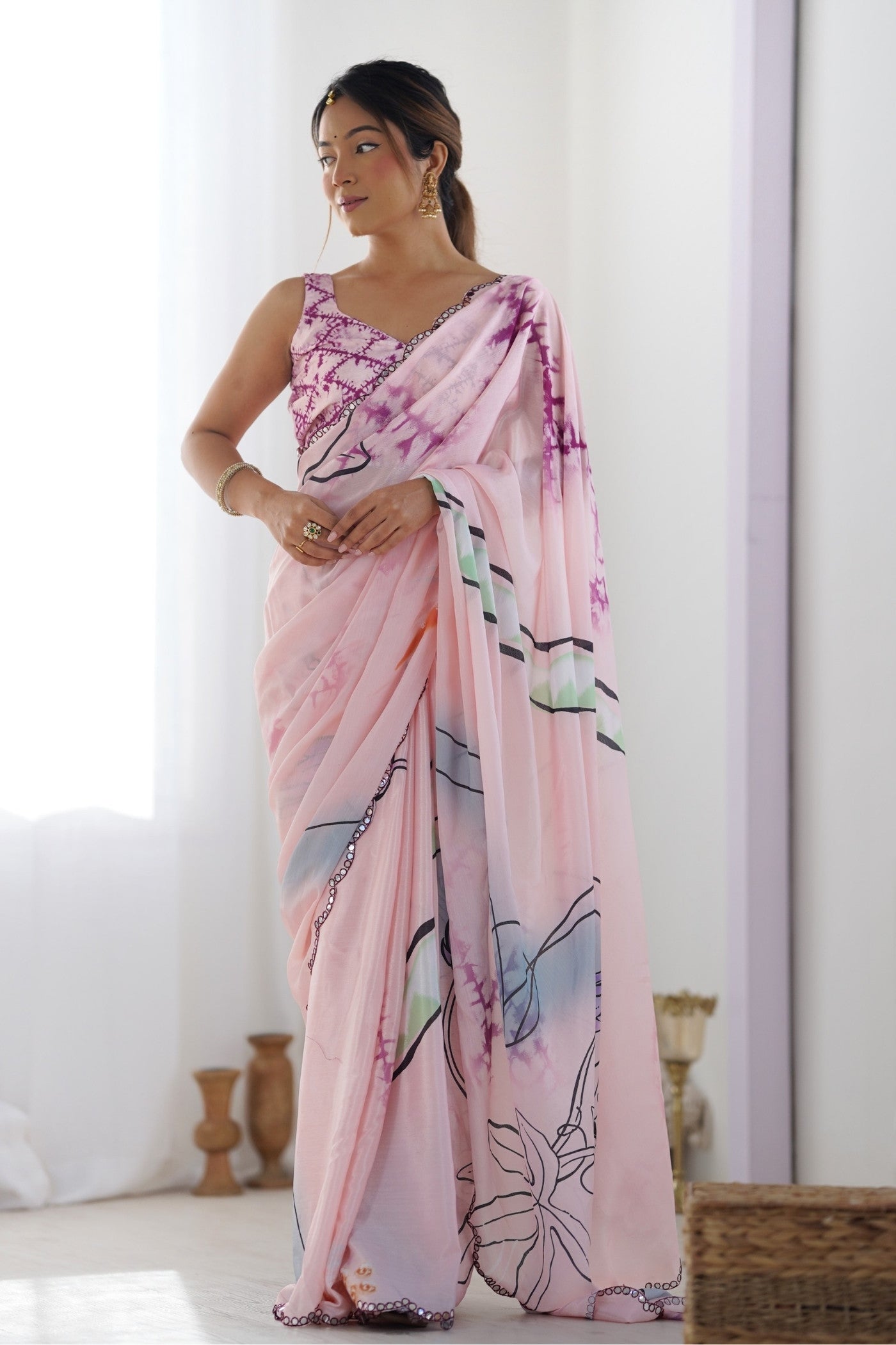 Buy MySilkLove Thistle Pink Digital Printed Chinon Saree Online