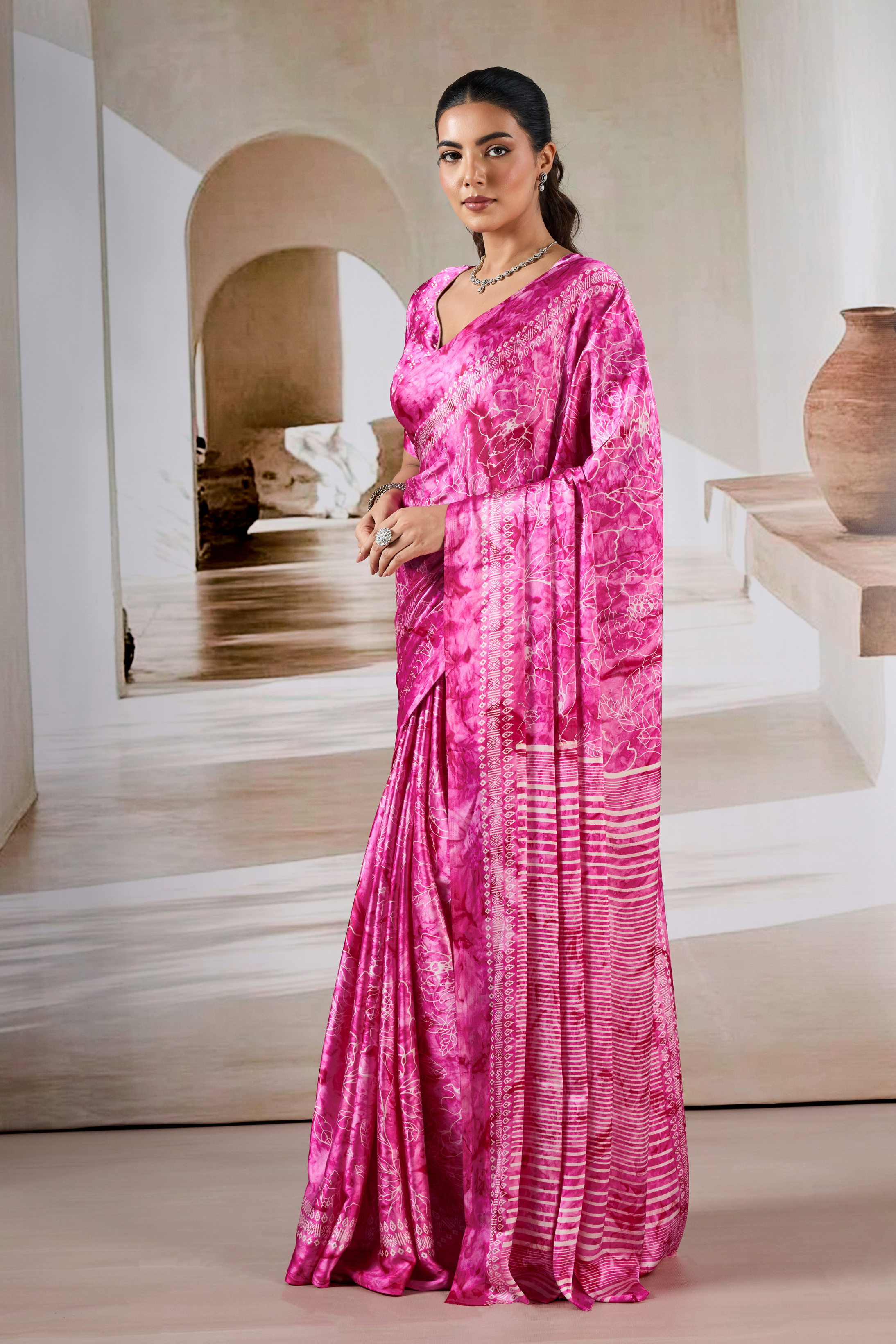 MySilkLove Blossom Pink Modal Satin Hand Prism Print Saree