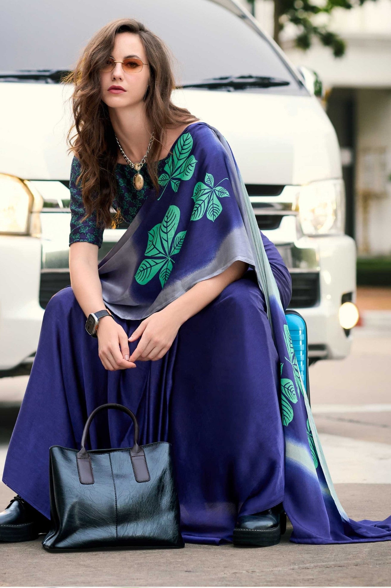 MySilkLove Admiral Blue Printed Satin Crepe Saree