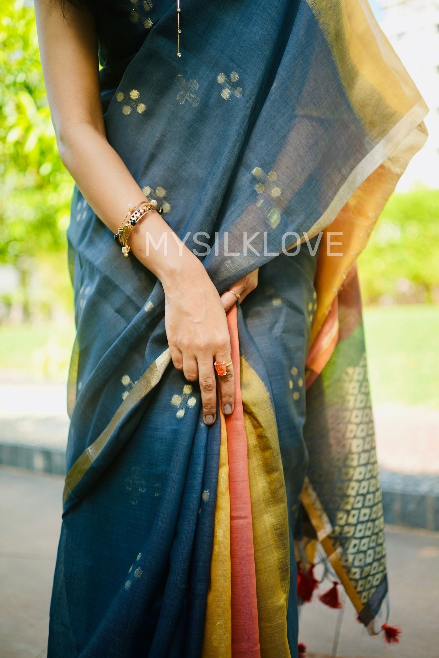 Buy MySilkLove Ink Black and Yellow Handloom Cotton Saree Online