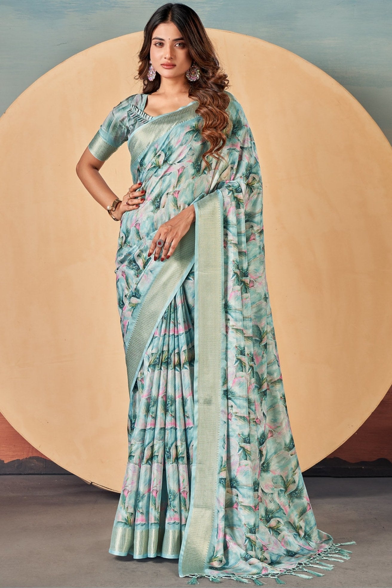 Buy MySilkLove Cascade Blue Banarasi Digital Printed Saree Online