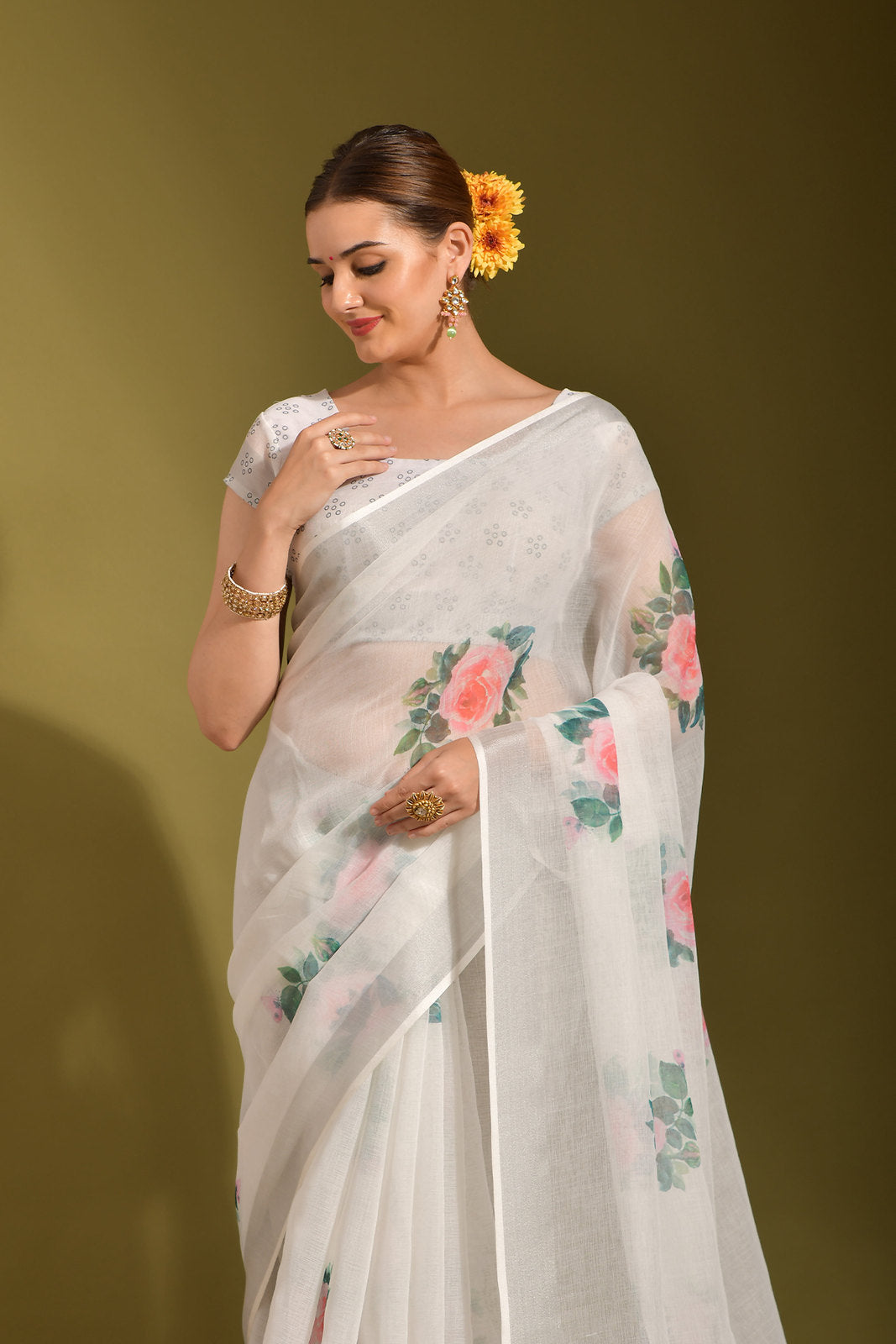 Buy MySilkLove Snow White Digital Printed Linen Saree Online