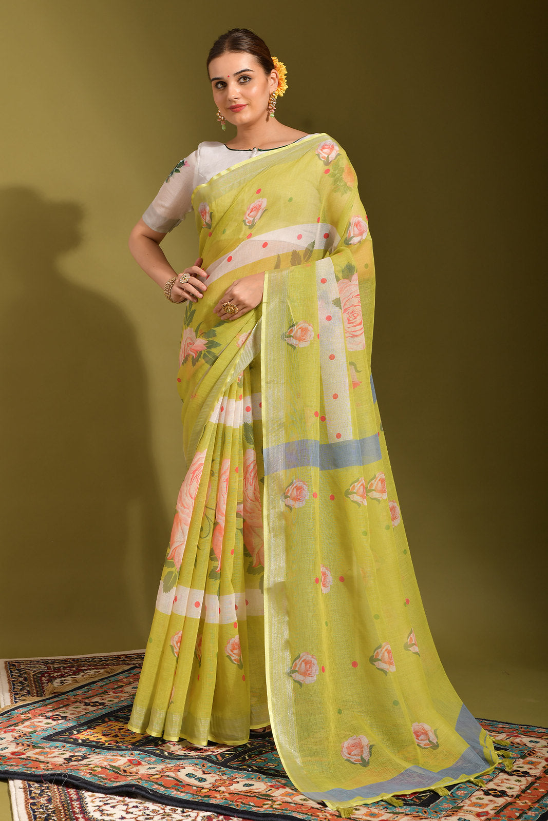 Buy MySilkLove Laser Green Digital Printed Linen Saree Online