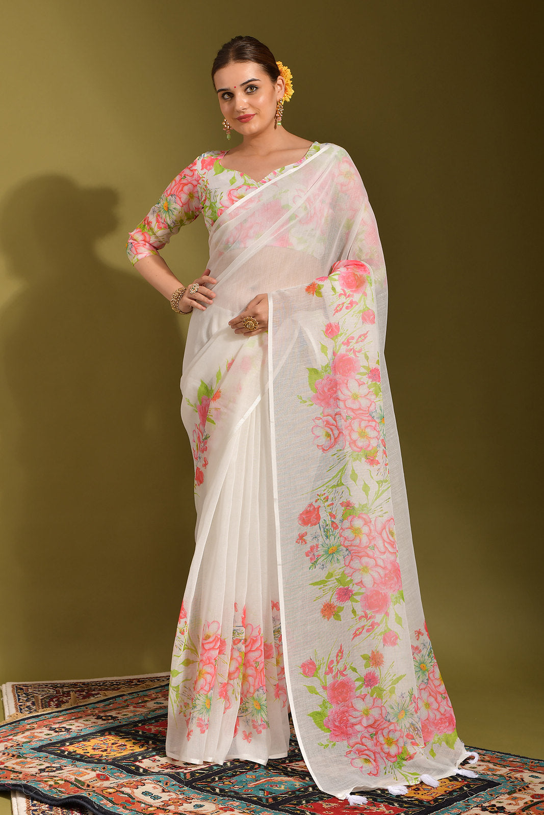 Buy MySilkLove Serenade White and Pink Digital Printed Linen Saree Online