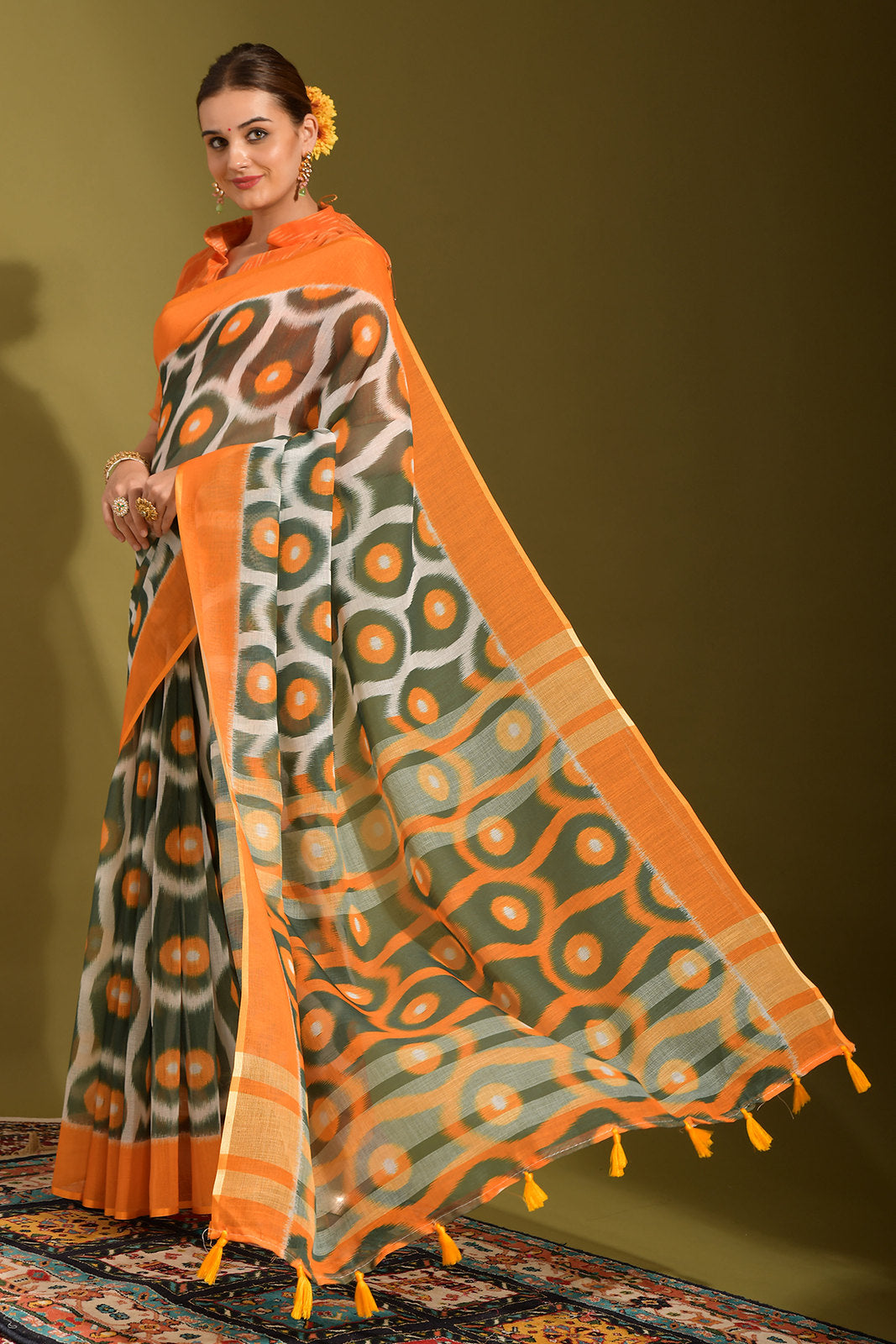 Buy MySilkLove Gurkha Green and Orange Digital Printed Linen Saree Online