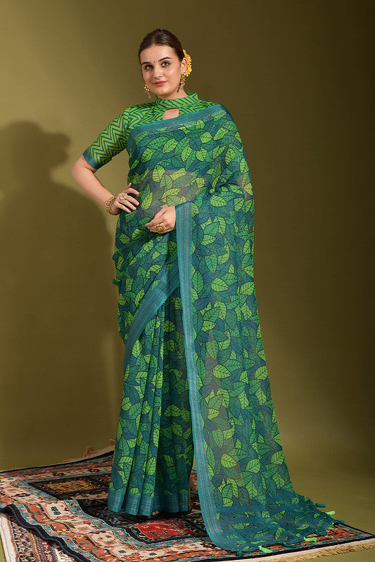 Buy MySilkLove Dark Leaf Green Digital Printed Linen Saree Online