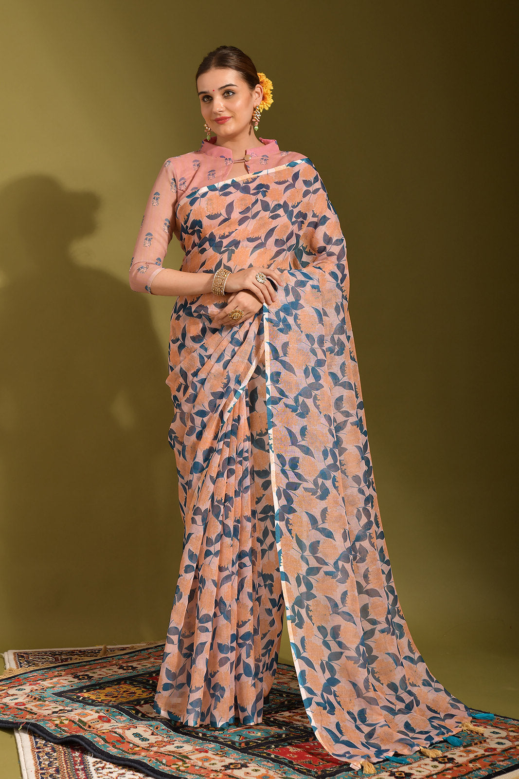 Buy MySilkLove Rose Bud Peach Digital Printed Linen Saree Online