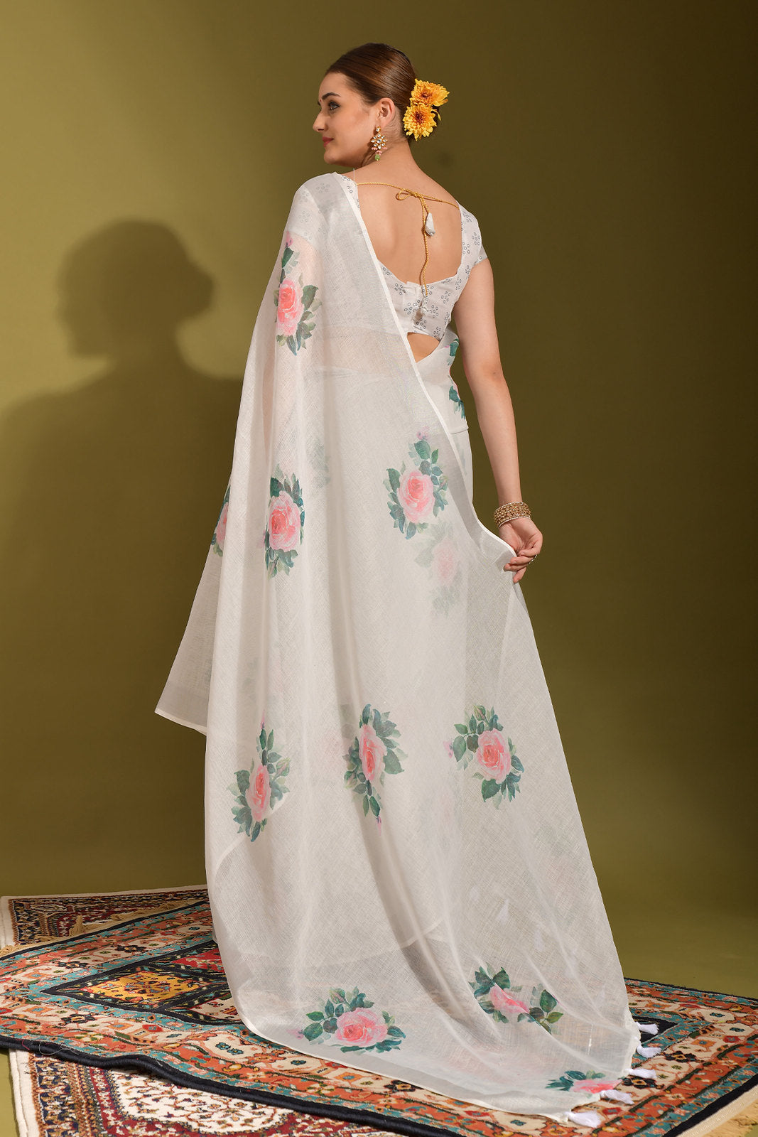 Buy MySilkLove Snow White Digital Printed Linen Saree Online