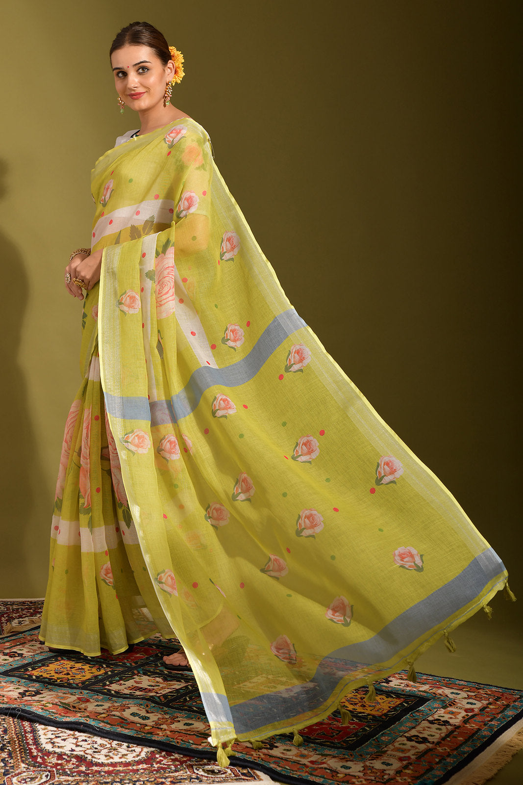 MySilkLove Laser Green Digital Printed Linen Saree