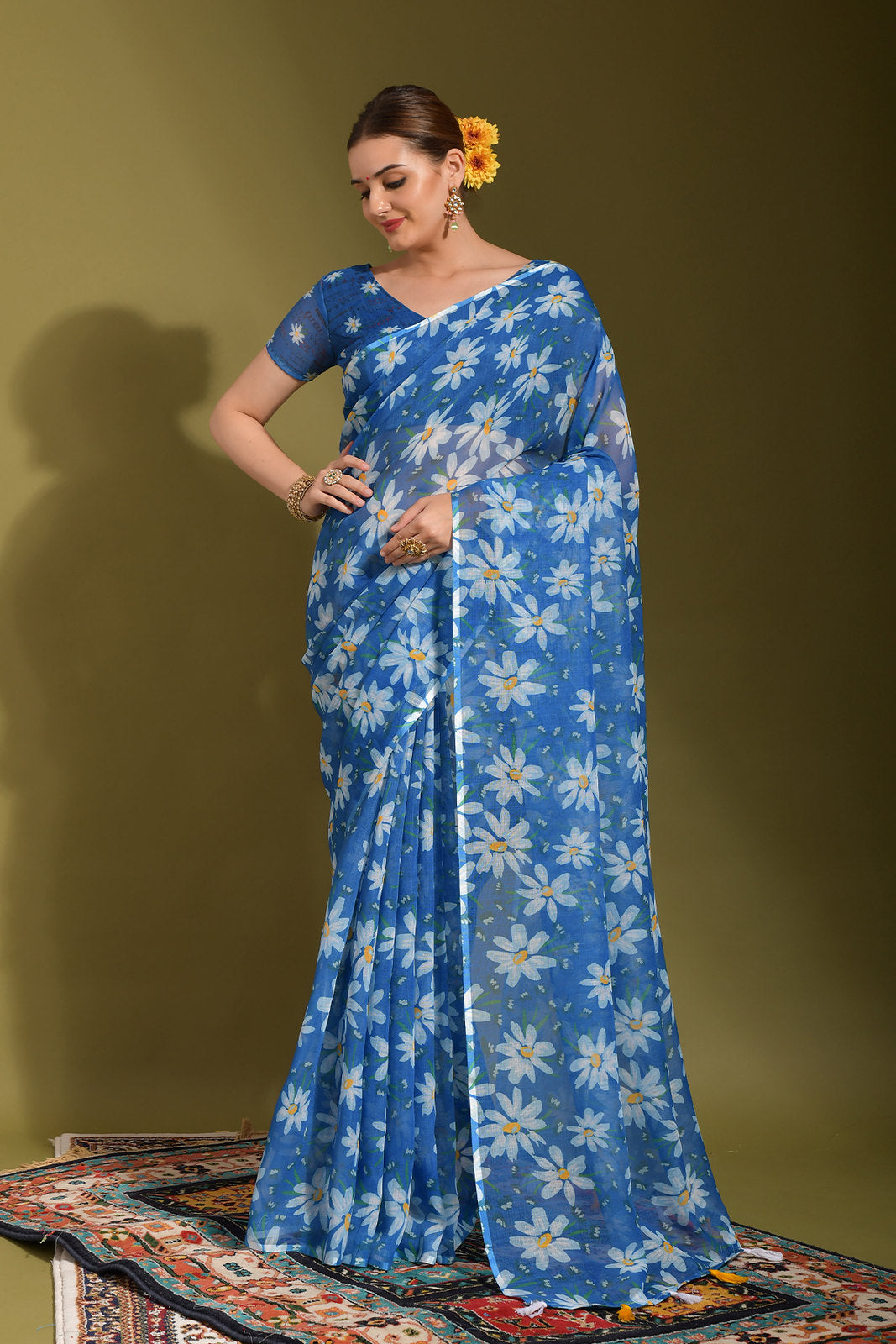 Buy MySilkLove Bdazzled Blue Digital Printed Linen Saree Online