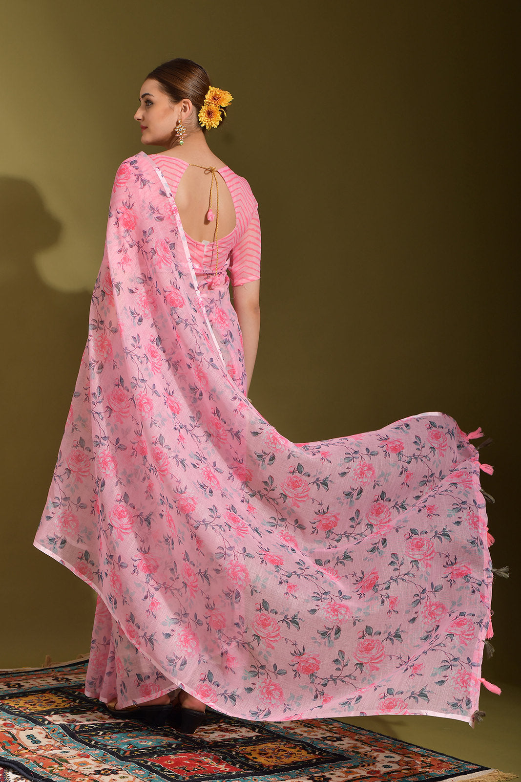 Buy MySilkLove Kobi Pink Linen Digital Printed Linen Saree Online