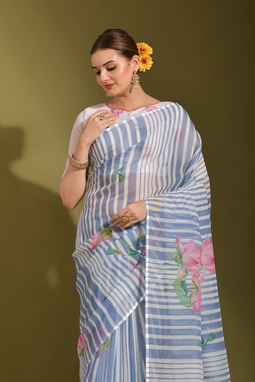 Buy MySilkLove Shadow Blue and Grey Digital Printed Linen Saree Online