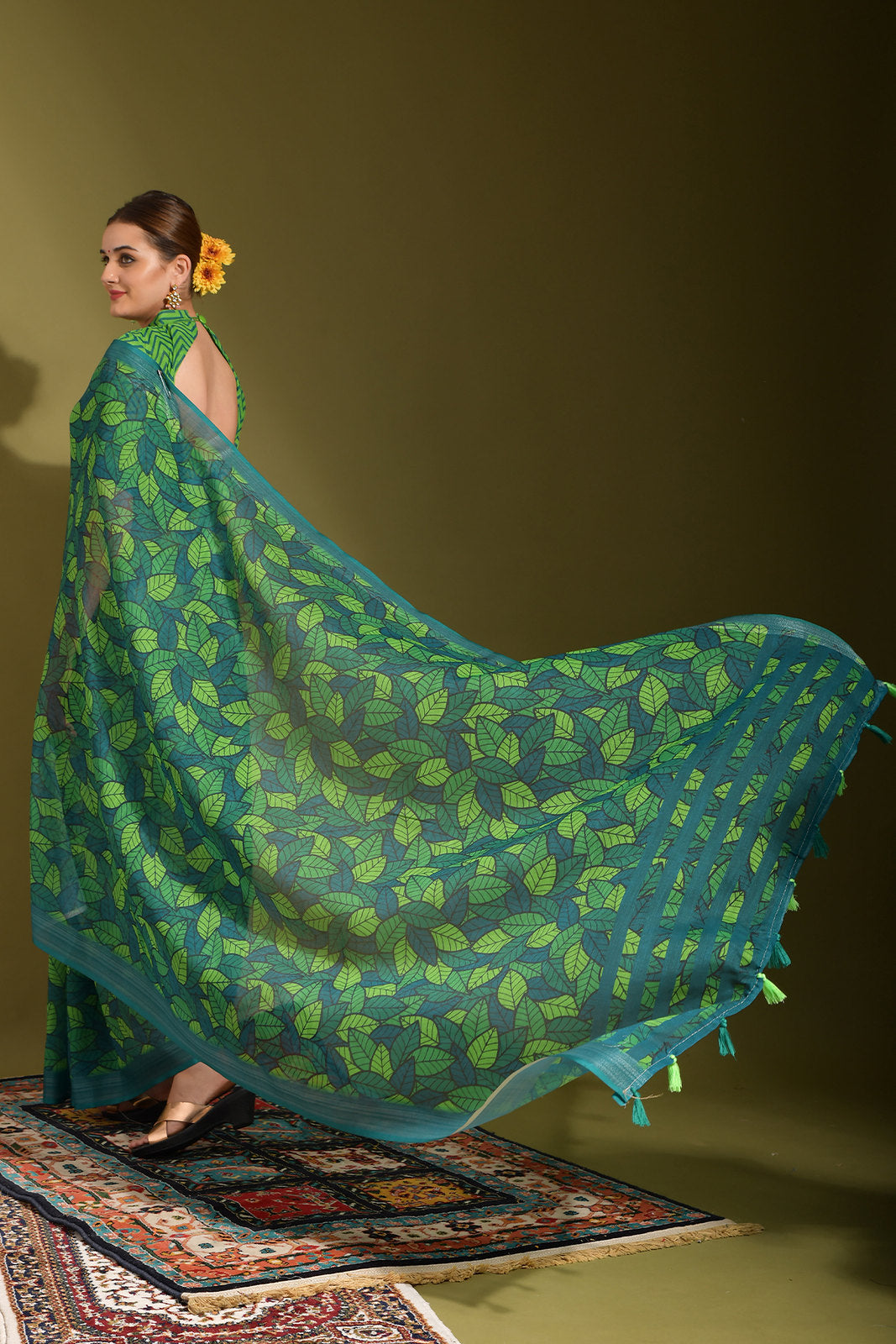 Buy MySilkLove Dark Leaf Green Digital Printed Linen Saree Online