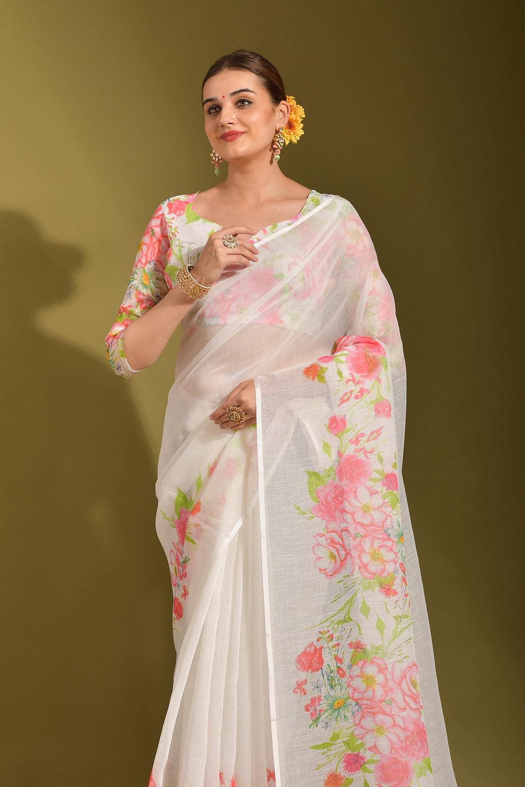 Buy MySilkLove Serenade White and Pink Digital Printed Linen Saree Online