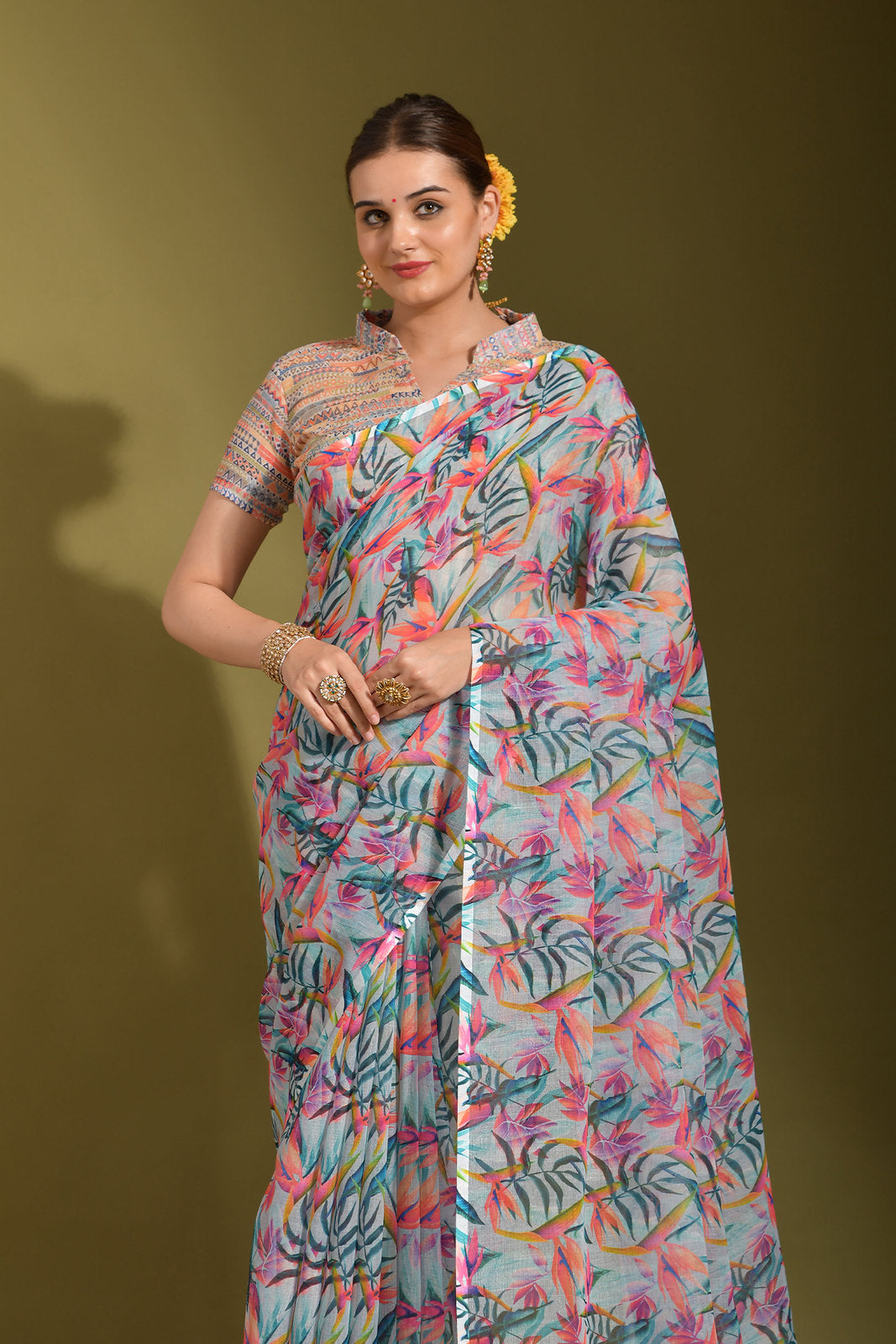 Buy MySilkLove Heather Blue Multicolor Digital Printed Linen Saree Online