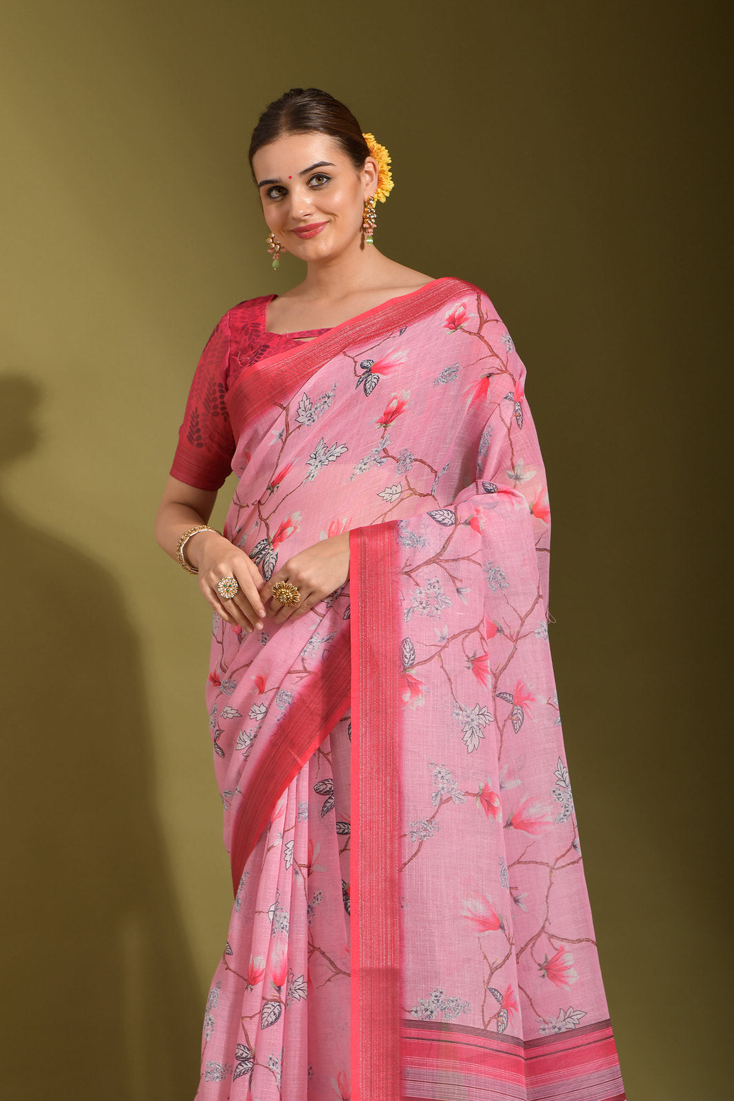 Buy MySilkLove Carissma Pink Digital Printed Linen Saree Online