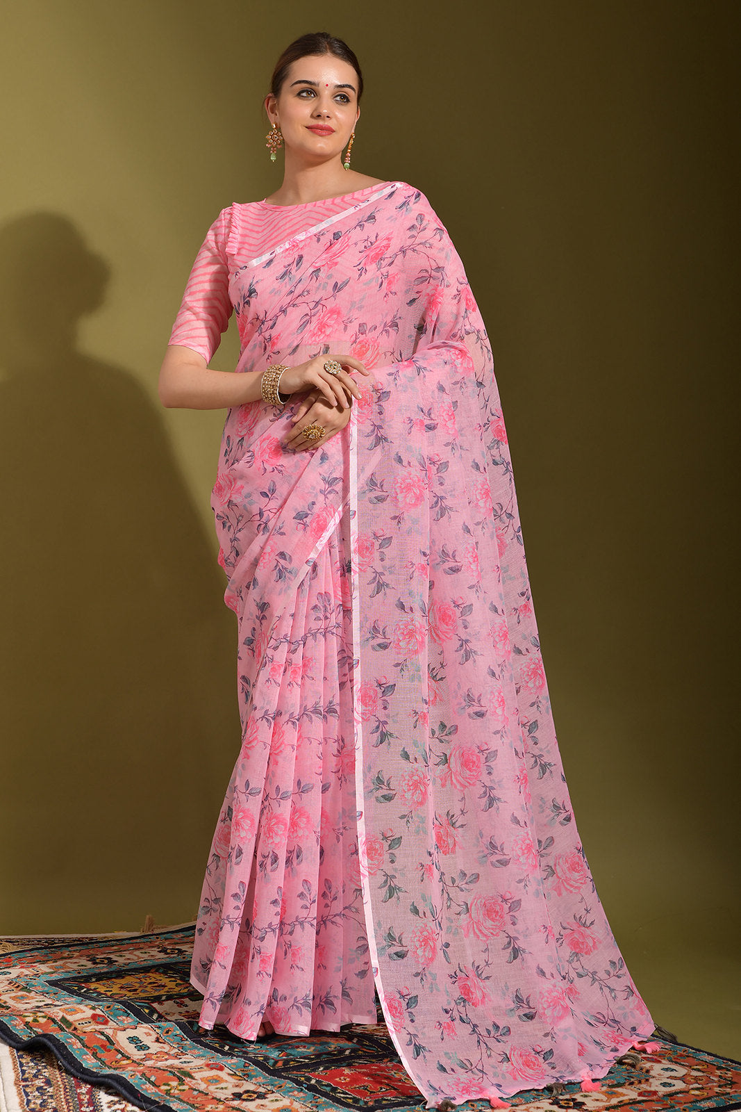 Buy MySilkLove Kobi Pink Linen Digital Printed Linen Saree Online