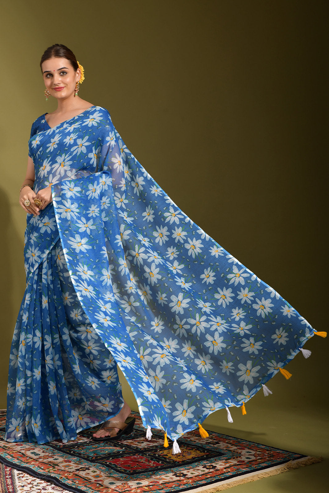 Buy MySilkLove Bdazzled Blue Digital Printed Linen Saree Online