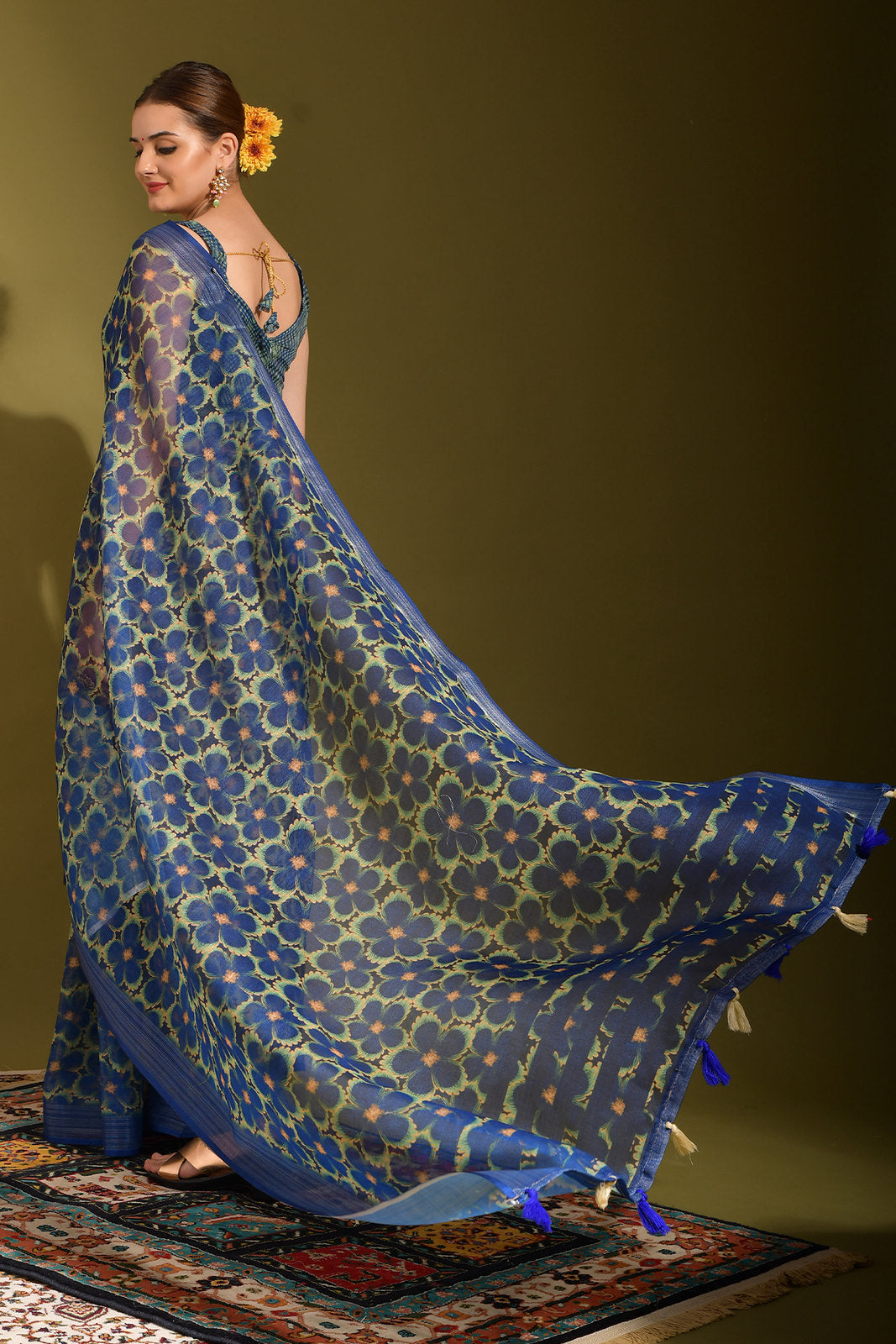 Buy MySilkLove San Juan Blue Digital Printed Linen Saree Online