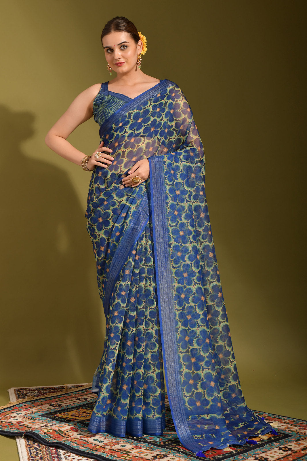 Buy MySilkLove San Juan Blue Digital Printed Linen Saree Online