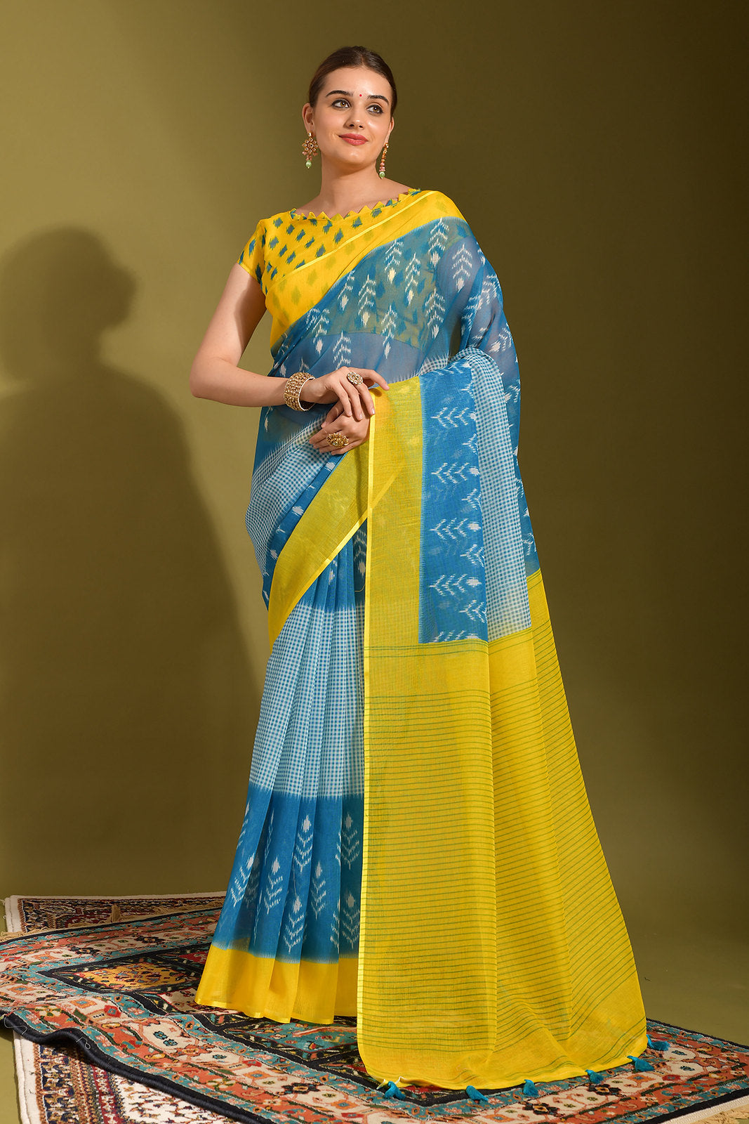 Buy MySilkLove Sea Nymph Blue and Yellow Digital Printed Linen Saree Online