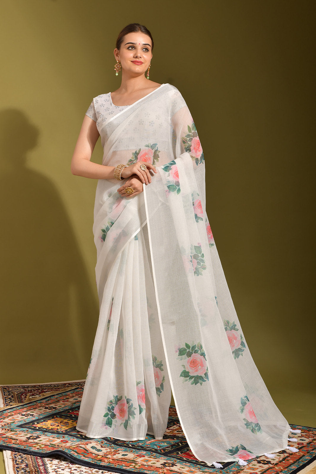 Buy MySilkLove Snow White Digital Printed Linen Saree Online