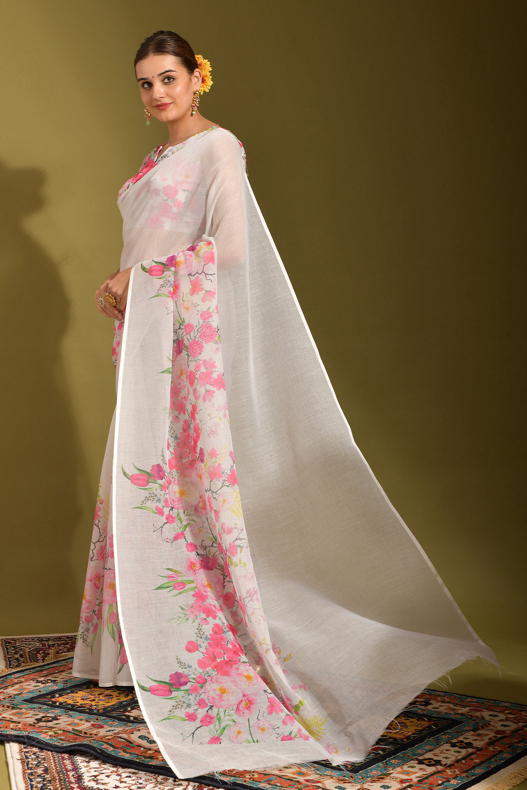 Buy MySilkLove Cavern Pink and White Digital Printed Linen Saree Online