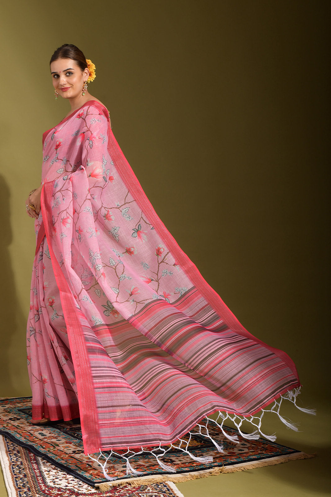 Buy MySilkLove Carissma Pink Digital Printed Linen Saree Online