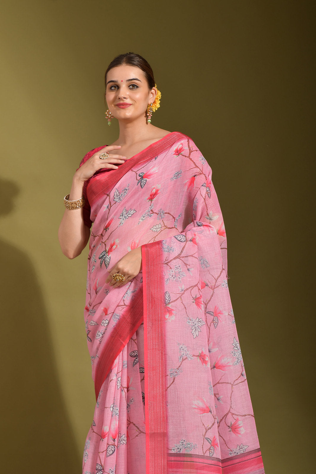 Buy MySilkLove Carissma Pink Digital Printed Linen Saree Online