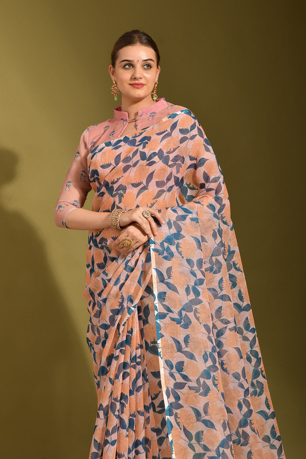 Buy MySilkLove Rose Bud Peach Digital Printed Linen Saree Online