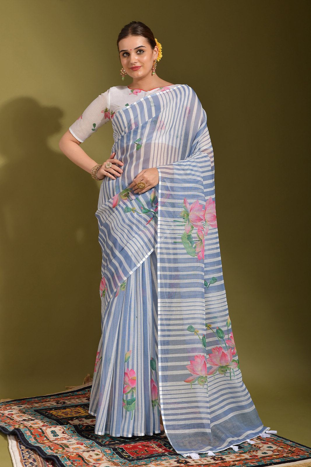 Buy MySilkLove Shadow Blue and Grey Digital Printed Linen Saree Online