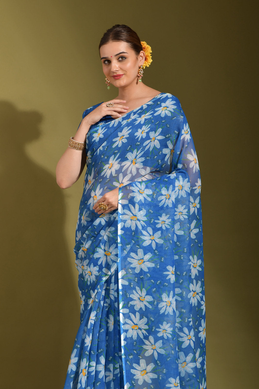 Buy MySilkLove Bdazzled Blue Digital Printed Linen Saree Online