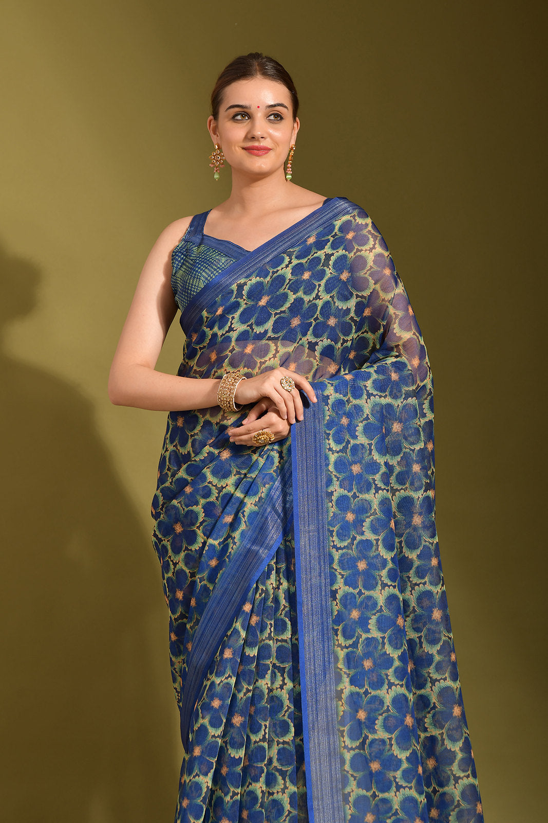 Buy MySilkLove San Juan Blue Digital Printed Linen Saree Online