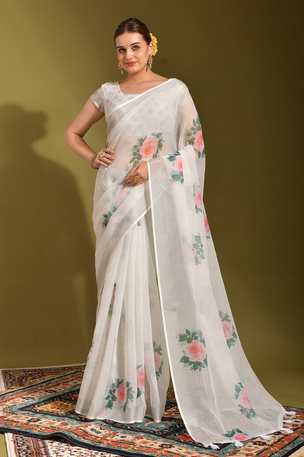 Buy MySilkLove Snow White Digital Printed Linen Saree Online