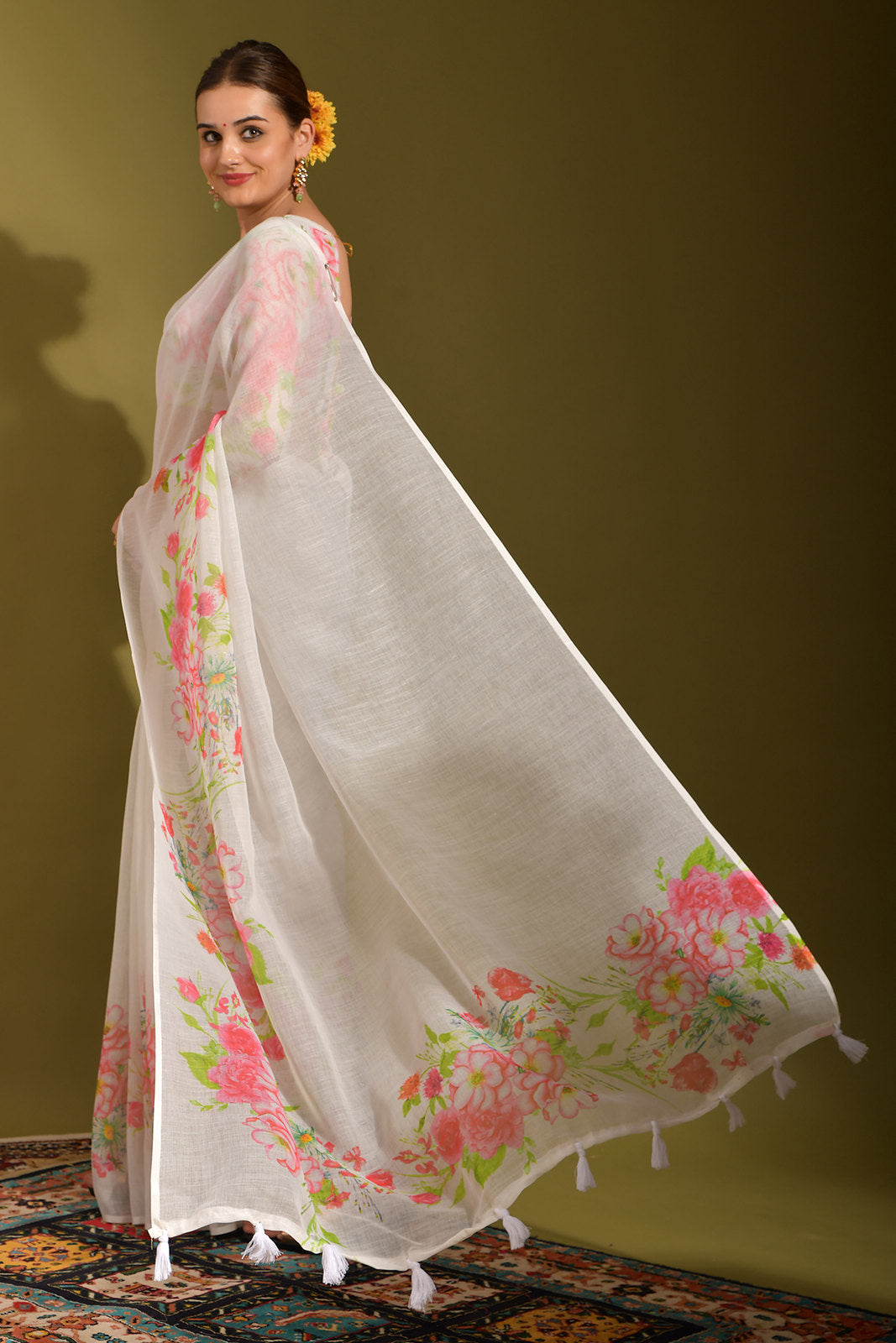 Buy MySilkLove Serenade White and Pink Digital Printed Linen Saree Online