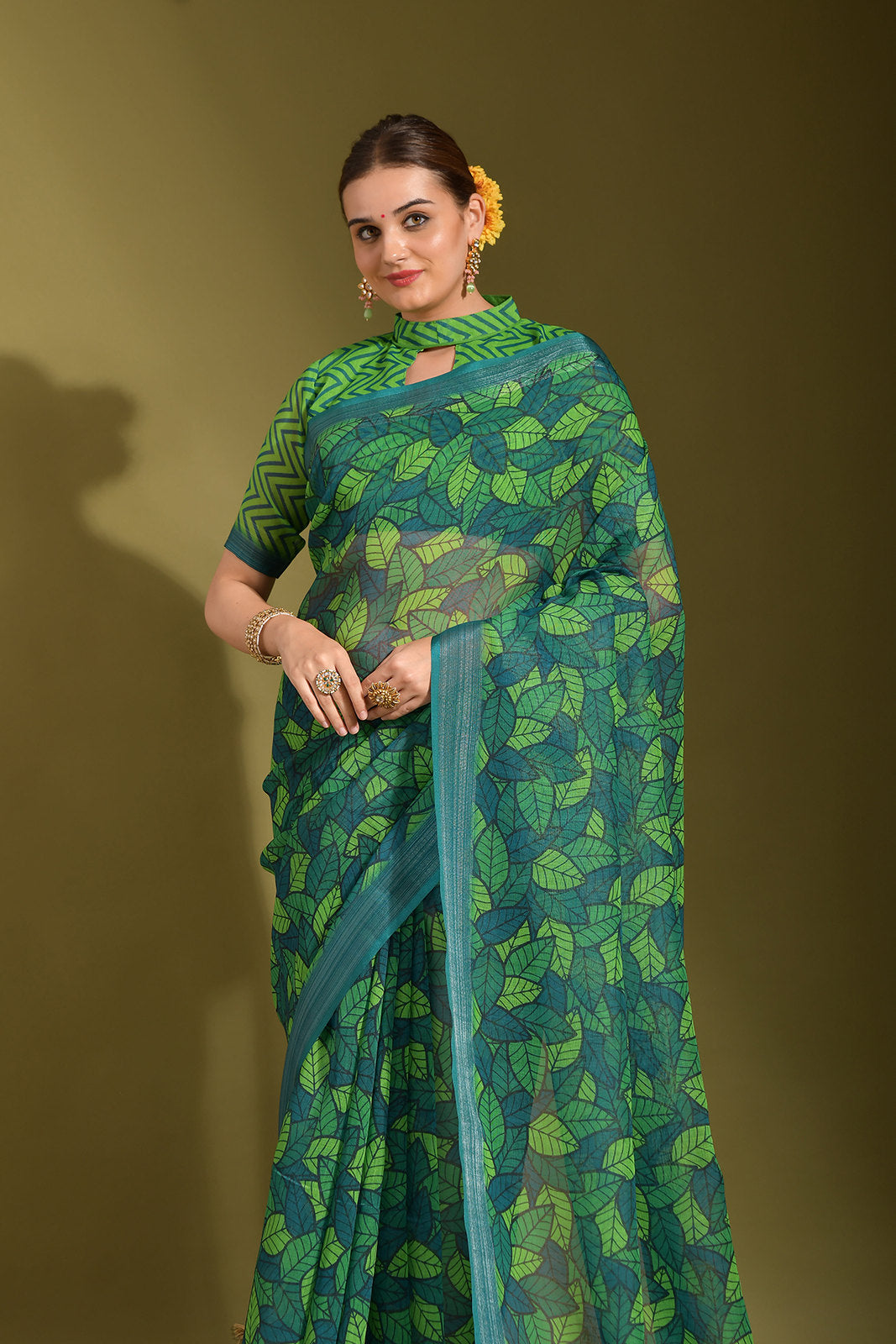 MySilkLove Dark Leaf Green Digital Printed Linen Saree