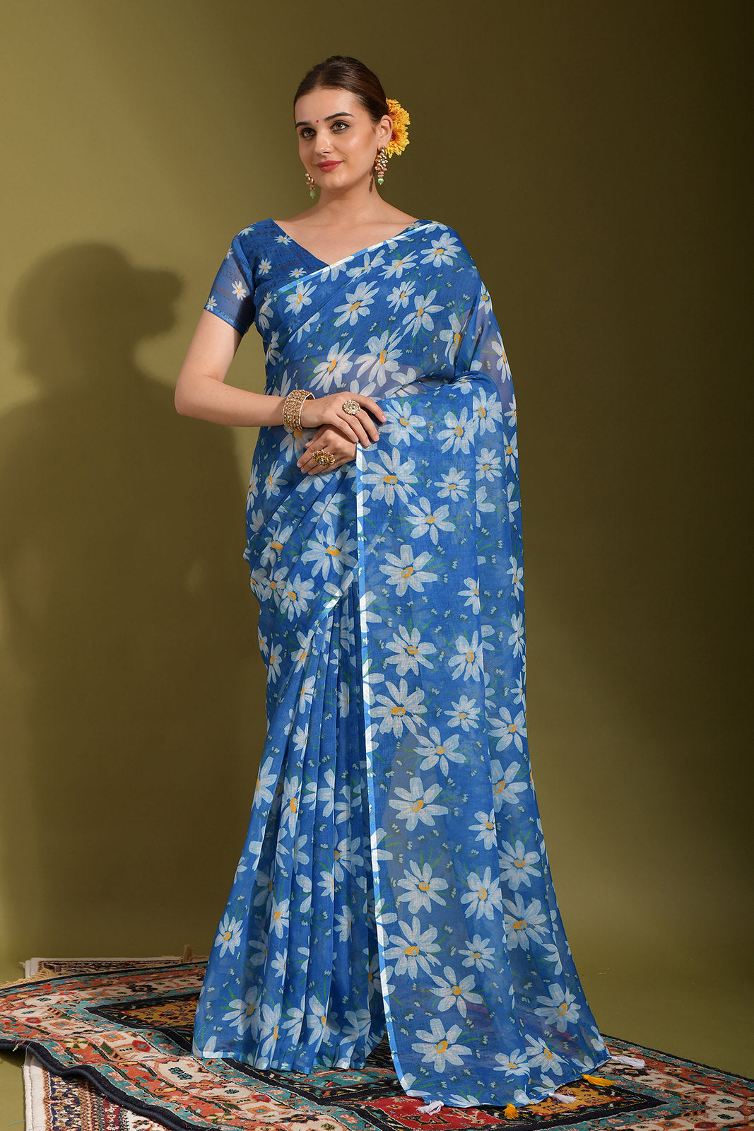 Buy MySilkLove Bdazzled Blue Digital Printed Linen Saree Online