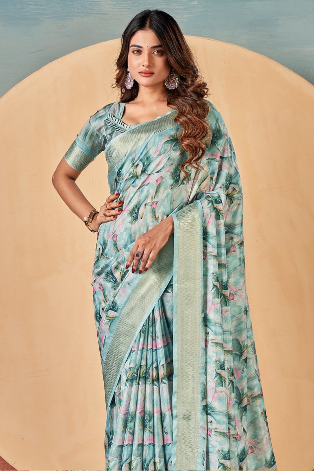 Buy MySilkLove Cascade Blue Banarasi Digital Printed Saree Online