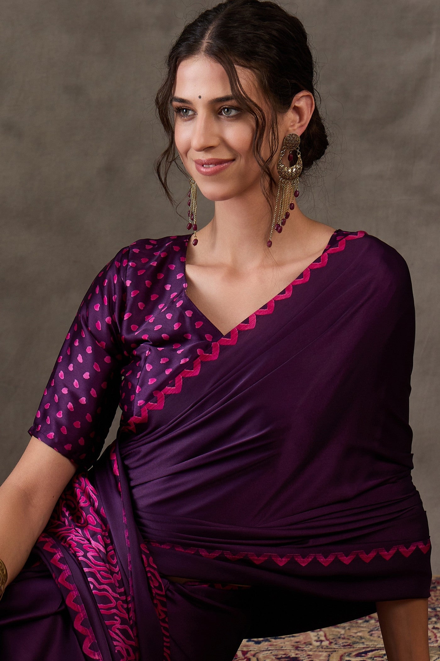 MySilkLove Rebecca Purple Printed Satin Gaji Silk Saree
